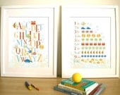 Seaworld, Set of 2 Prints, Art for Child's room or Nursery - ABC and 123 Deep Blue Sea - 11X14