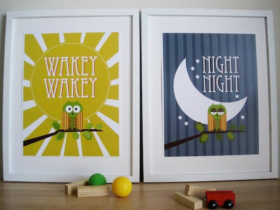 OWL Art for Kids Wall Print , Owl Art for Nursery - 8x10 Set of 2 - Night and Wakey