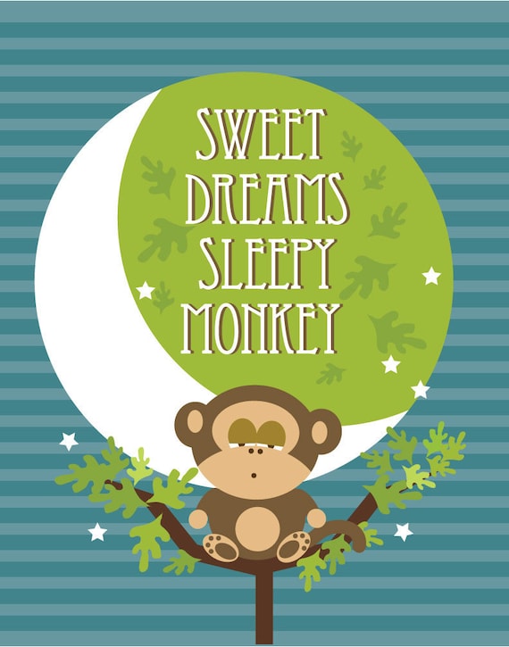 Nursery Wall Prints -Set of 2 - Morning and Sweet Dreams Little Monkey 8.5x11Inches. Nursery Decor, baby Gift