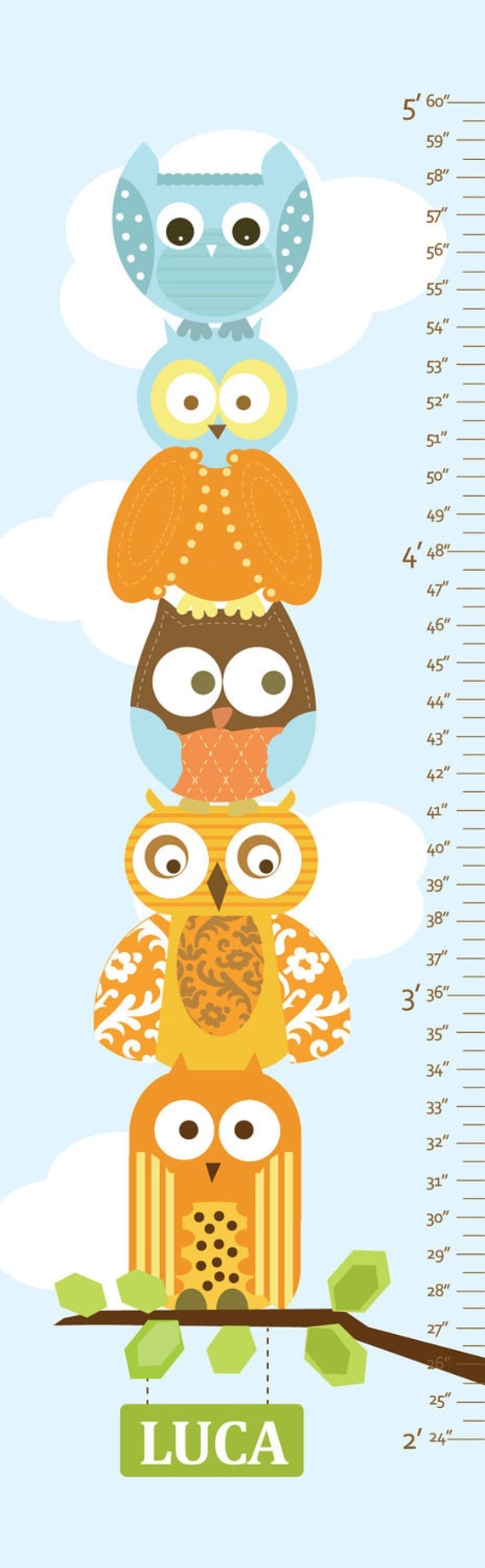 Owl Growth Chart on Canvas - Stacked Owls- 13" X42" Inches