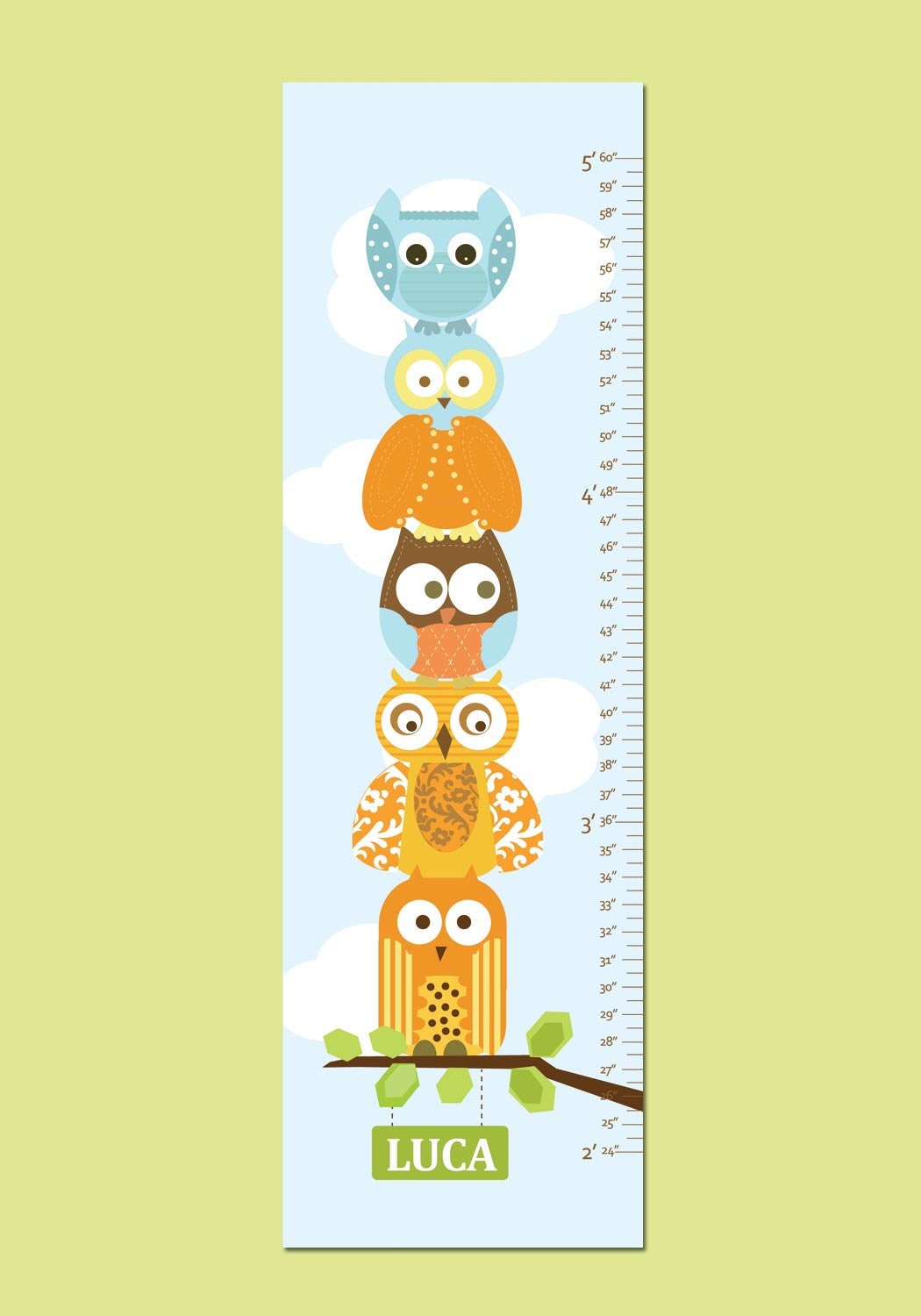 Owl Growth Chart on Canvas - Stacked Owls- 13" X42" Inches