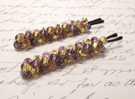 Purple and Gold --beaded bobby pins