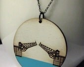 Fremont Bridge Necklace with Blue paint on Walnut