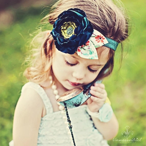 Teal Blue & Avocado Green Silky Satin Fabric Flower with Patterned Leaves on a Soft Stretchy Headband