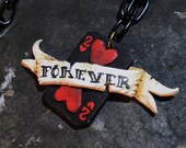 Two Hearts, One Love Forever - 2 of hearts playing card with banner - tattoo inspired - Polymer card necklace with black chain -