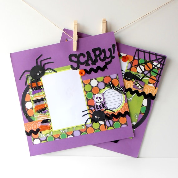 12x12 Premade Scrapbook Pages Kids Halloween 2 Page Spread Scary Spiders Purple Orange Green