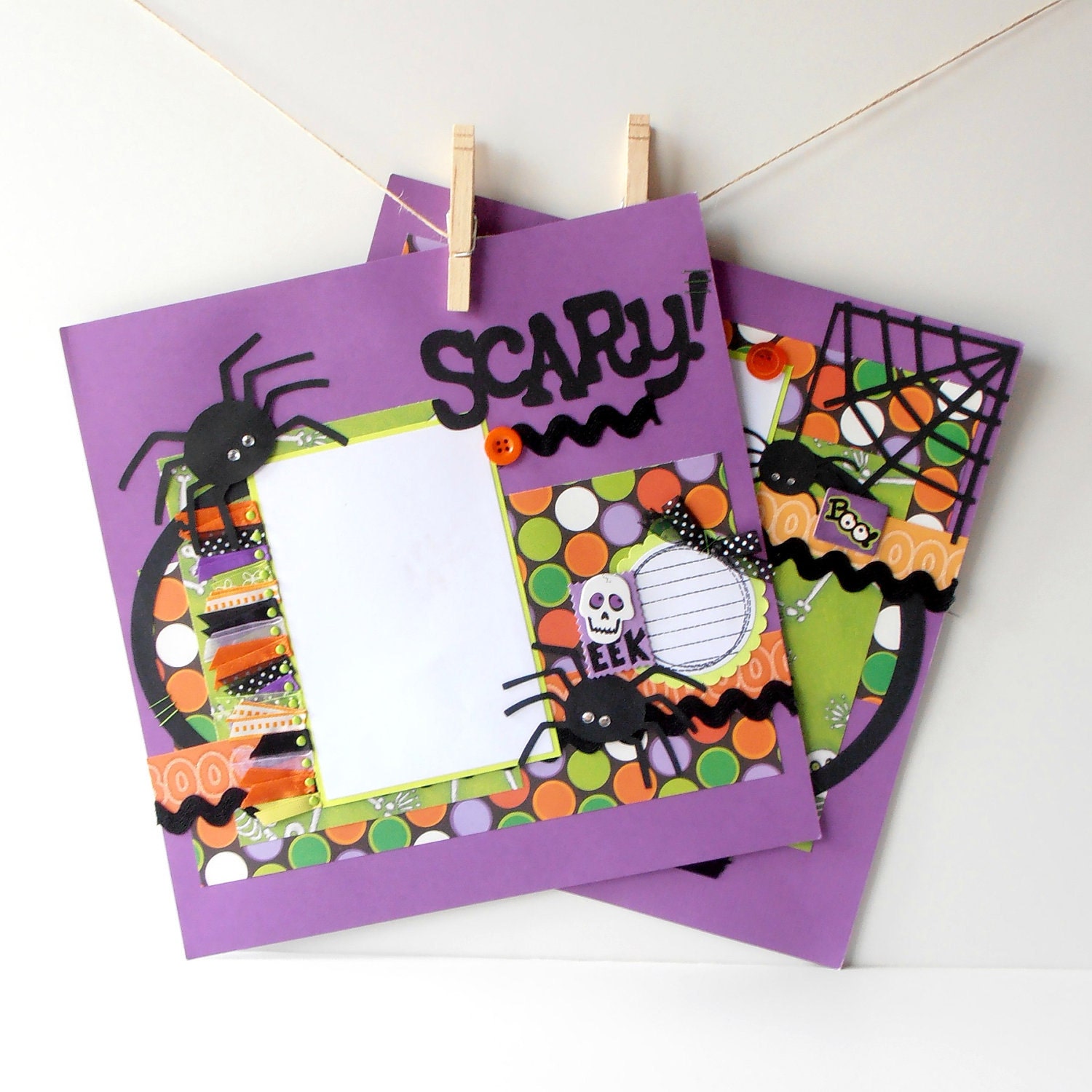 12x12 Premade Scrapbook Pages Kids Halloween 2 Page Spread Scary Spiders Purple Orange Green