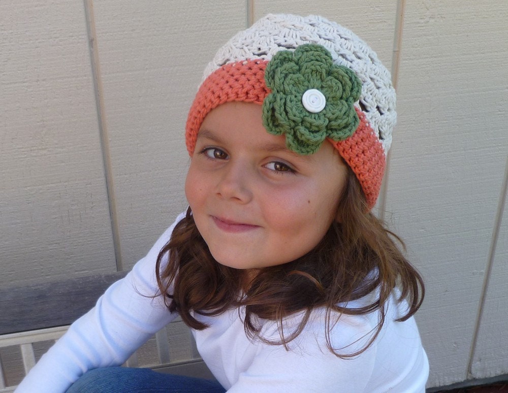 Girls Orange, Green and Ecru Crochet  Hat Beanie - Baby Toddler Children