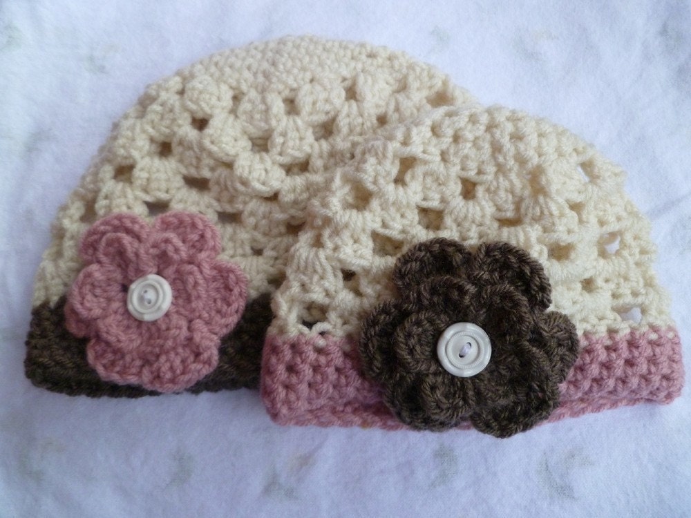 Set of 2 Girls Hats, Brown and Pink Beanies - Baby Toddler Children, Sister set, winter hats