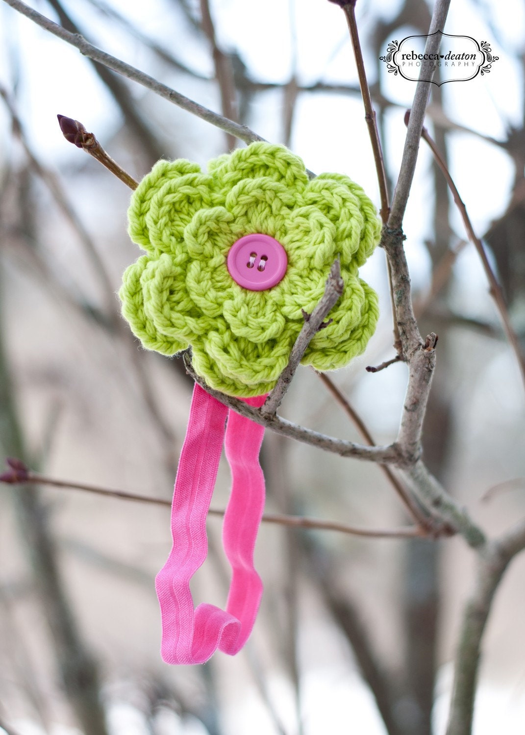 Pink Headband with Large Hot Green Flower and  Pink Button - Newborn thru Adult Sizes Available