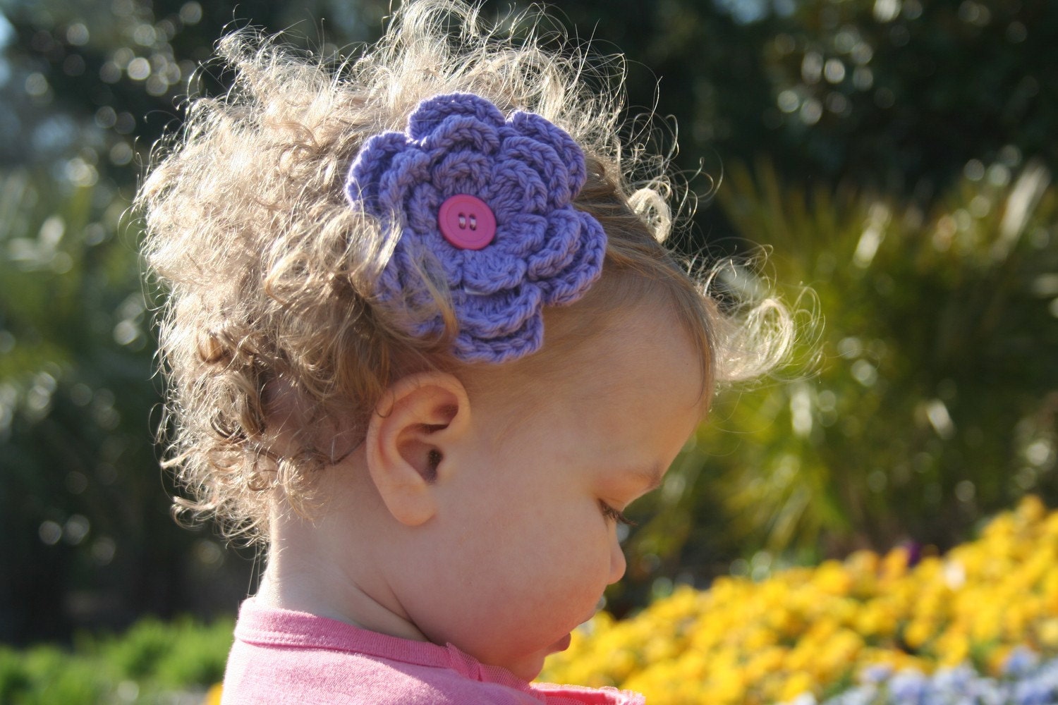 Purple Crochet  Flower Hair Clip with Pink Button - Ready to Ship - Stocking Stuffer