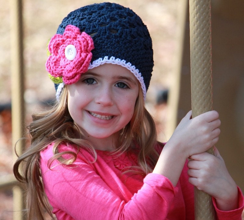 Girls Dark Blue Crochet Hat Beanie with Pink Flower and Green Leaves and White Button - Baby/Toddler/Children