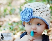 Ecru Hat Beanie with Blue Flower and Green Leaves - Infant Toddler Children