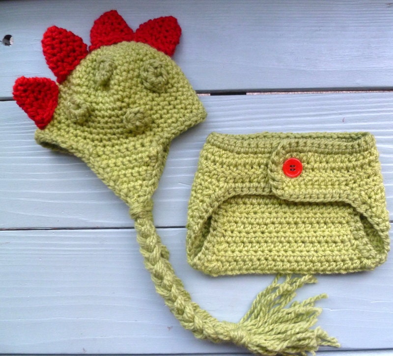 Dinosaur Hat and Diaper Cover Set - Great Newborn Photo Prop/Shower Gift -Halloween Costume Baby