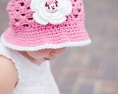 Minnie Mouse Hat - Pink and White - Crocheted Sunhat -  Baby/Toddler/Children Sizes Available