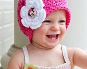 Minnie Mouse Hat Beanie - Hot Pink with White Flower - Baby Toddler Children Sizes Available