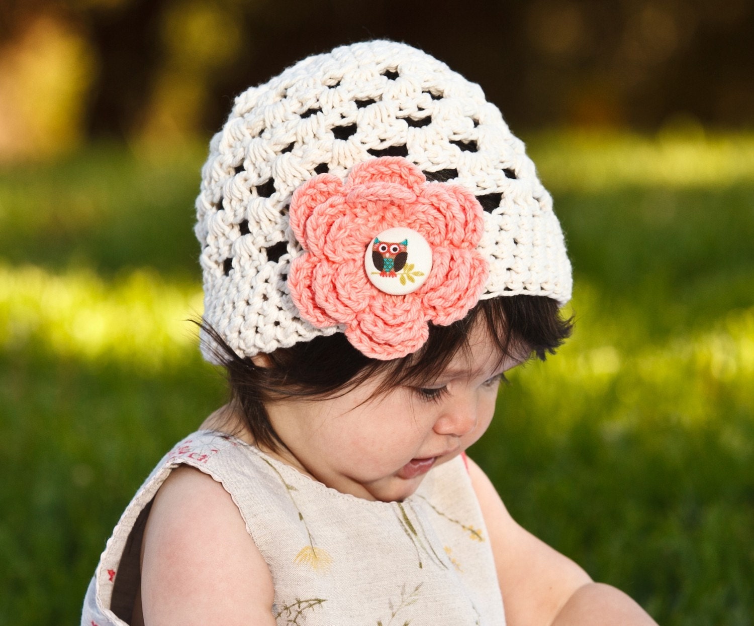 OWL HAT - Ecru Hat Beanie with Tea Rose Flower and Owl Button - Available in all sizes