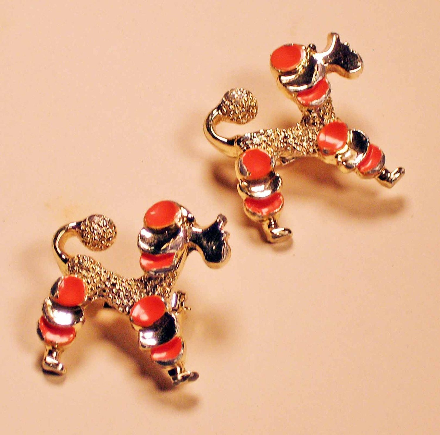 Vintage Orange Enameled Poodle Pin Set