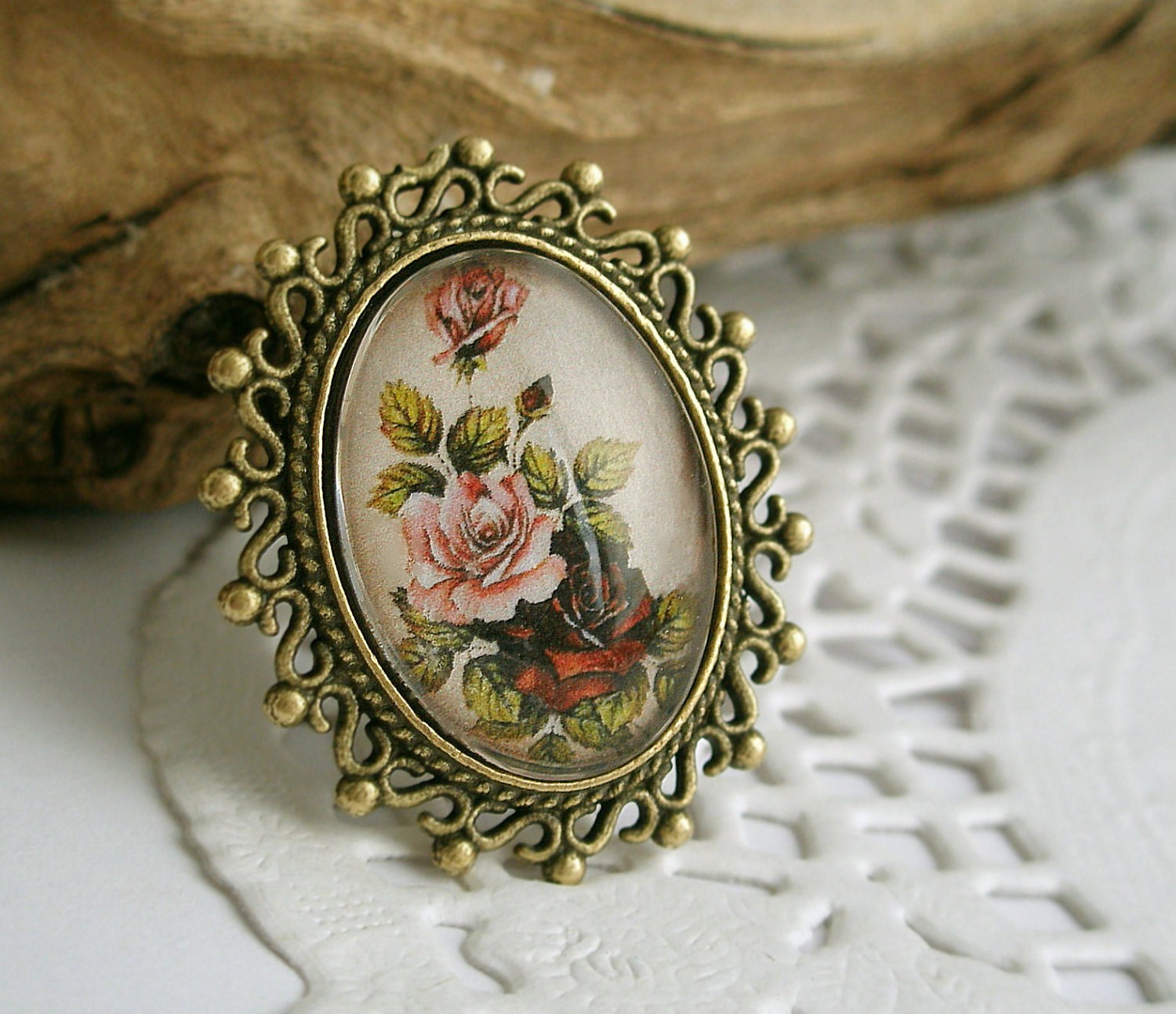 Gentle Vintage Rose Flowers, Bronze Plated Drop Cabochon Setting on a Brooch