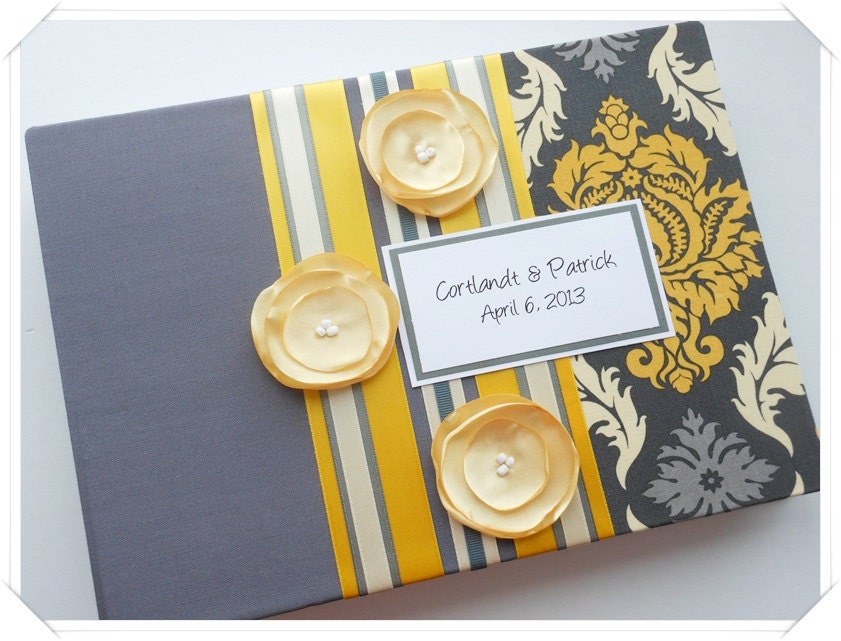 Gray and Yellow Damask Wedding Guest Book with Fabric Flowers (made to order in your colors)