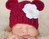 Baby Girl Hat, 3 to 6 Months Baby Girl Hat, Baby Girl Monkey Hat, Burgundy with White, Yellow Flower. Great for Photo Props. Baby Gift.