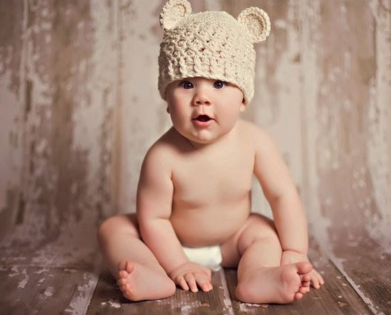 NEWBORN Baby Boy Hat, 0-1 Months Baby Boy Teddy Bear Hat, Baby Flapper Hat, Beige with Ears. Great for Photo Shoots. Baby Shower Gift.