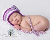 Baby Girl Hat, 0 to 3 Months Baby Girl Earflap Hat, Cream, Dark Grape, Mauve, Light Purple with Flower. Great for Photo Props. Baby Gift.