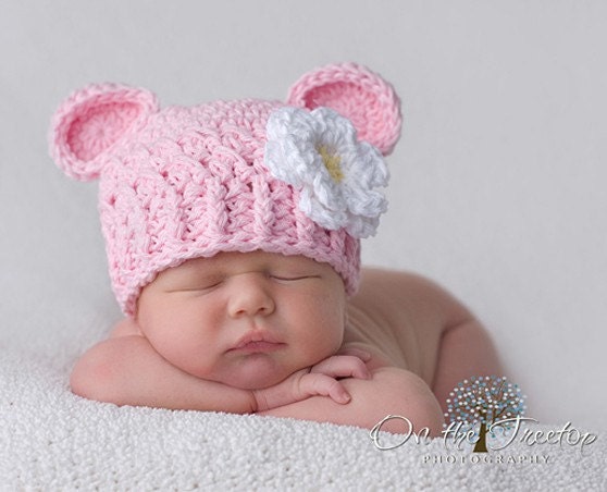 Baby Girl Hat, 3 to 6  Months Baby Girl Monkey Hat, Baby Crochet Flapper Beanie, Baby Pink, White, Yellow Flower. Photo Props. Baby Gift.