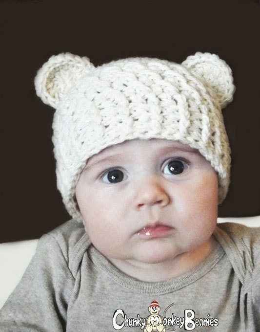 Baby Boy Hat, 0 to 3 Months Baby Boy Monkey Hat, Baby Crochet Flapper Hat, Cream with Ears. Great for Photo Props. Baby Shower Gift.