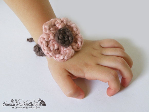 Organic Baby Bracelet, Crochet Newborn Girl Bracelet, Brown with Strawberry Pink flower. Very Soft. Great for Photo Prop, Baby Shower gift.