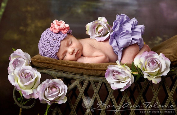 NEWBORN Baby Girl Hat, Baby Girl Beanie, Crochet Flapper Hat, Lavender, Rose and Pink Flower. Professional Photo Props. Baby Gift, Kids.