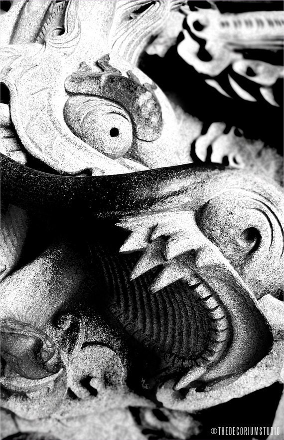 DRAGON temple stone pillar exotic carving artist signed black and white Hong Kong China Fine Art Travel Photography print 11x17