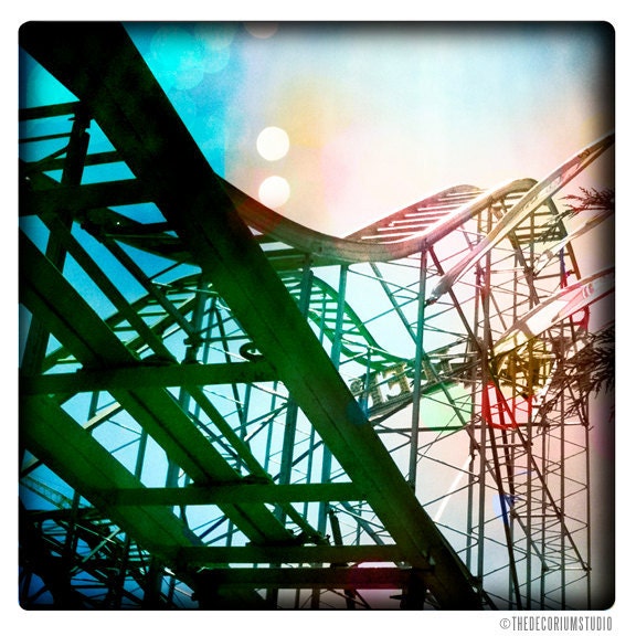 ROLLERCOASTER of LOVE summertime dreamy romantic candy colored bokeh pink green blue confetti carnival midway Fine Art Photography print 5x5
