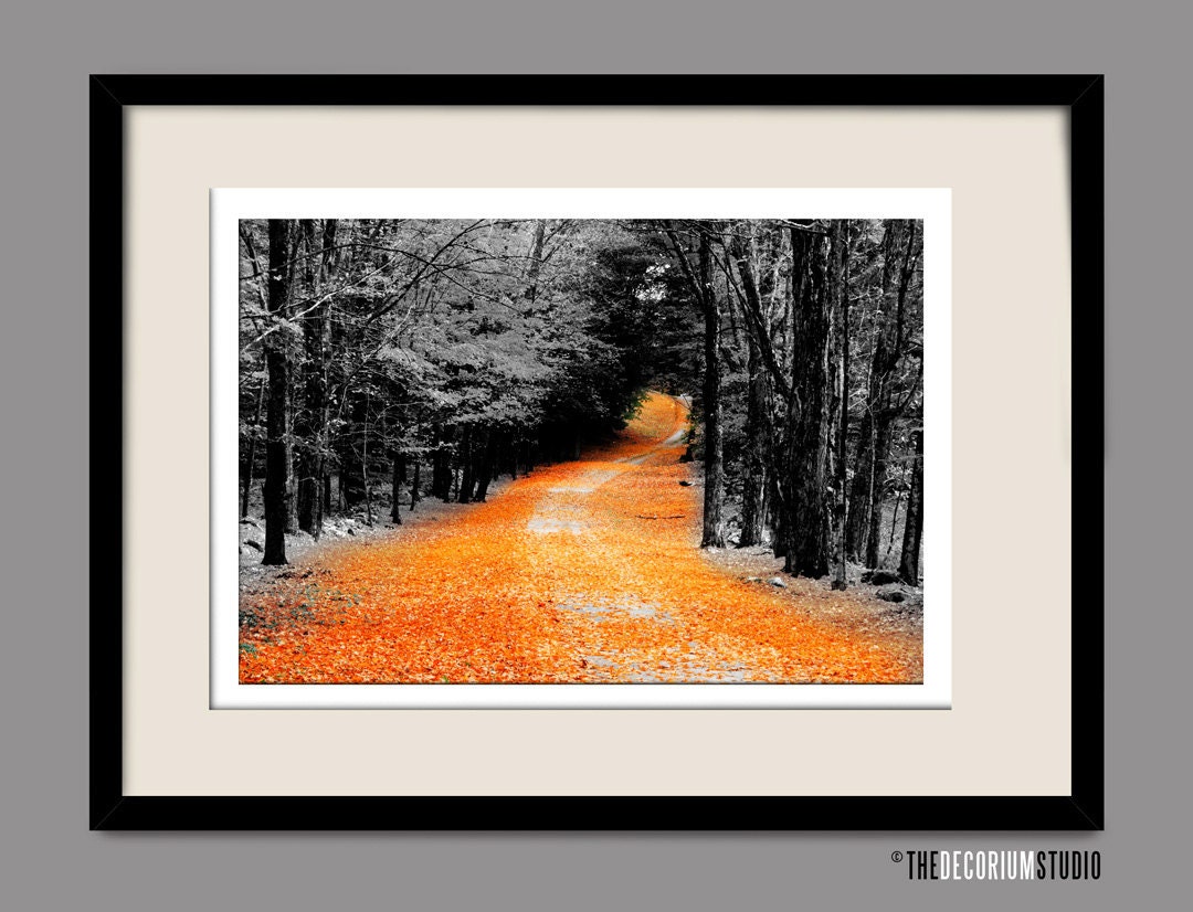 YELLOW BRICK ROAD autumn fall foliage gothic serene artist signed black white and orange New England Fine Art Travel Photography print 11x17