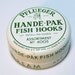 go fish, vintage BULLDOG METAL TIN - fishing tackle: pflueger barbed steel fish hooks - advertising tin dog illustration - so industrial