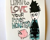 Resolutions. Inspirational decor. Original art. Learn to love your inner monster. Red white and blue, signed