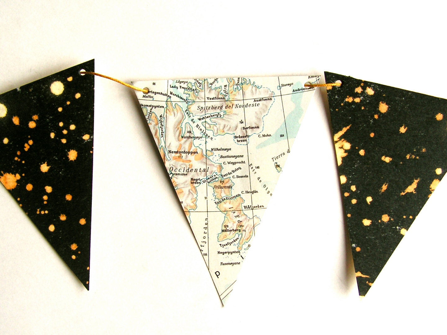 Vintage map and starry night bunting. Home decor. Bookshelf accent.