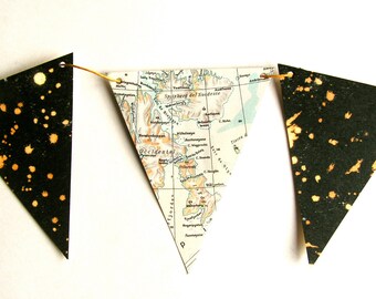 Vintage map and starry night bunting. Home decor. Bookshelf accent.