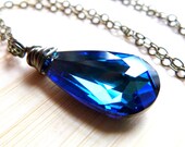 Crystal Pendant Necklace -  Wrapped Bermuda Blue Swarovski Aurora BorealisTeardrop - OWLandHOURGLASS