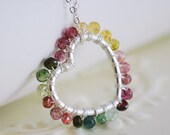 Tourmaline Necklace Wire Wrapped Floating Heart Genuine Gemstone Pink Green Yellow Sterling Silver Jewelry Complimentary Shipping