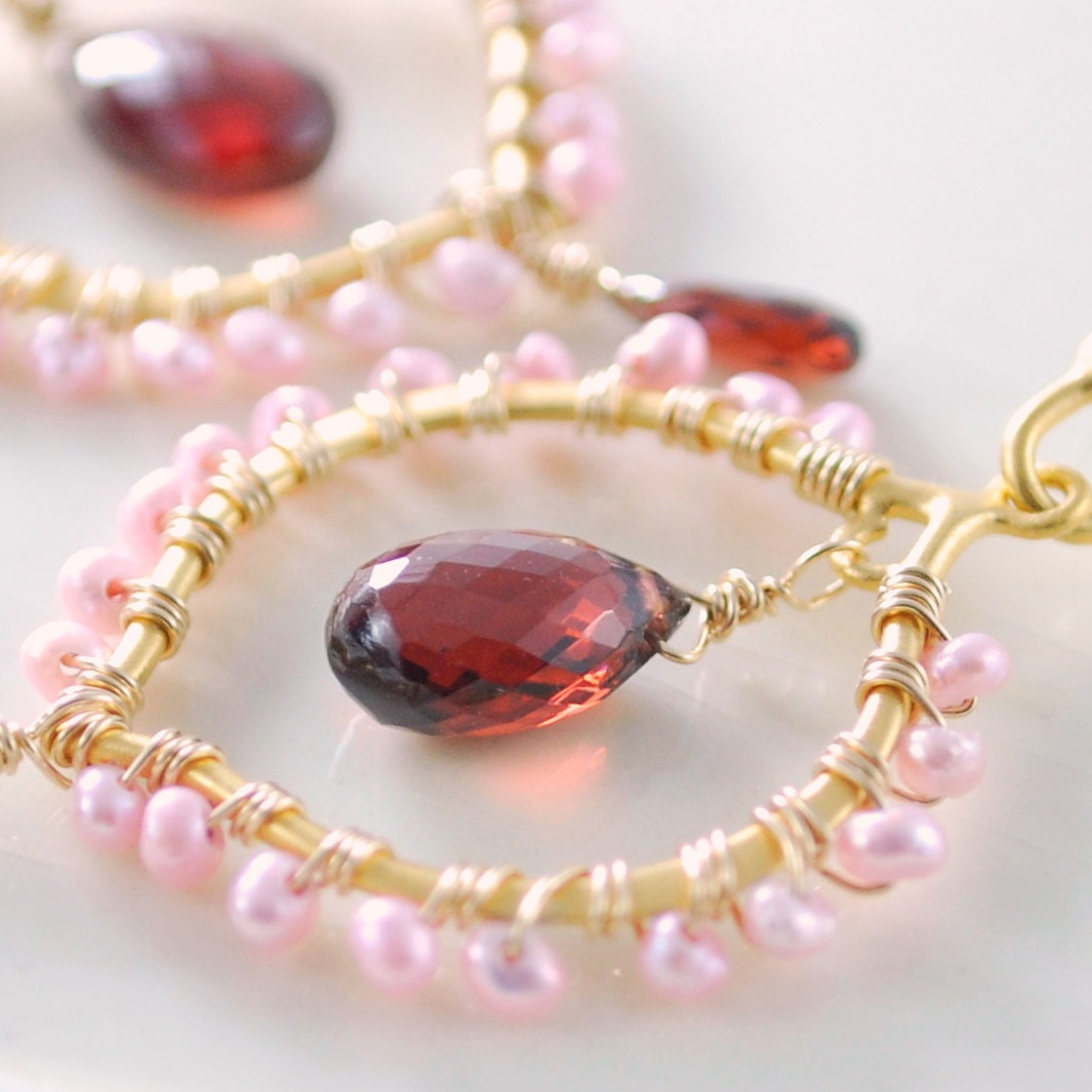 Garnet Earrings AAA Gemstone Genuine Tiny Pink Freshwater Pearls January Birthstone Wire Wrapped Elegant Gold Jewelry Complimentary Shipping