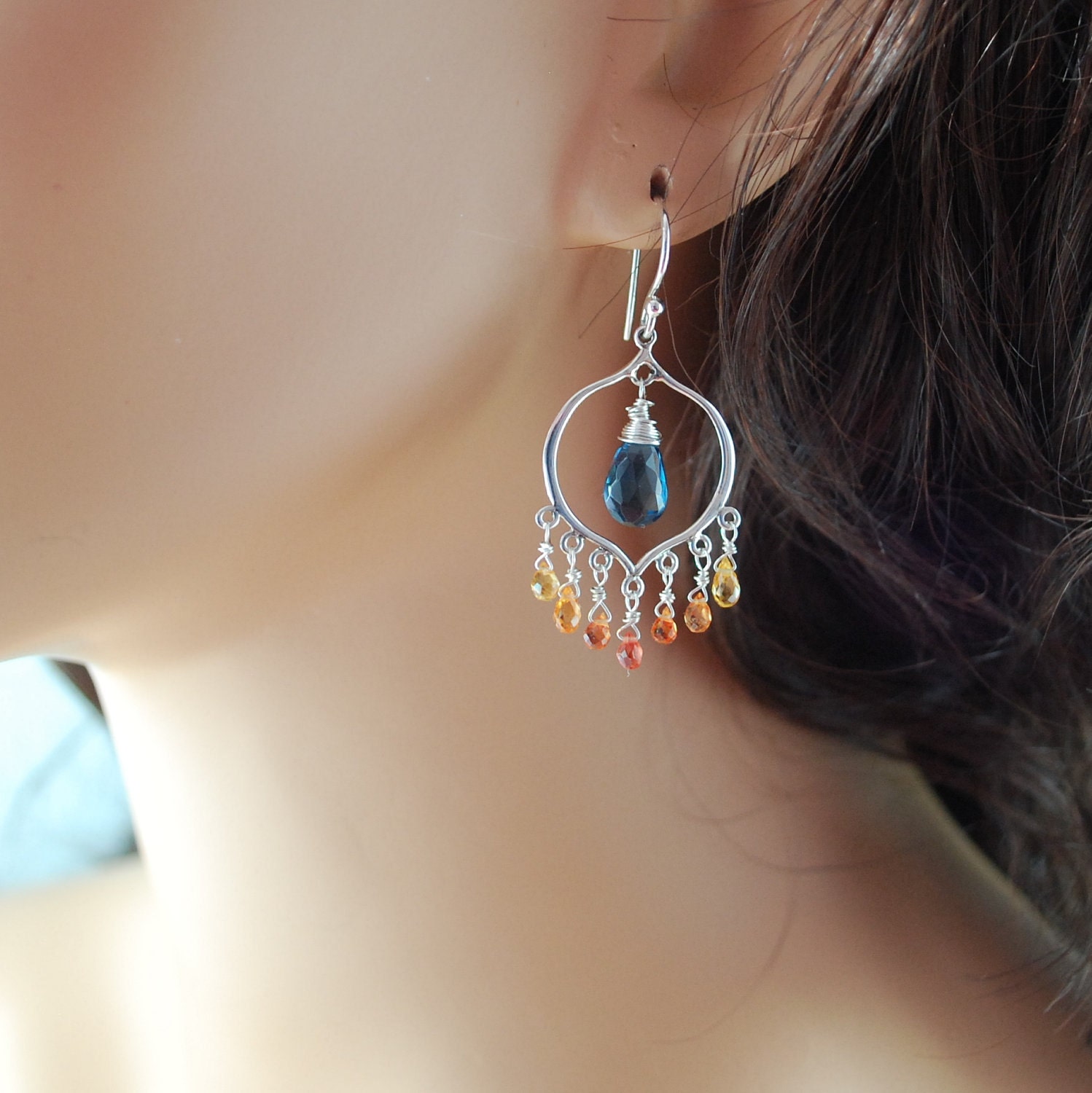 Gemstone Earrings Chandelier London Blue Topaz Tangerine Sapphire Genuine Sterling Jewelry Complimentary Shipping