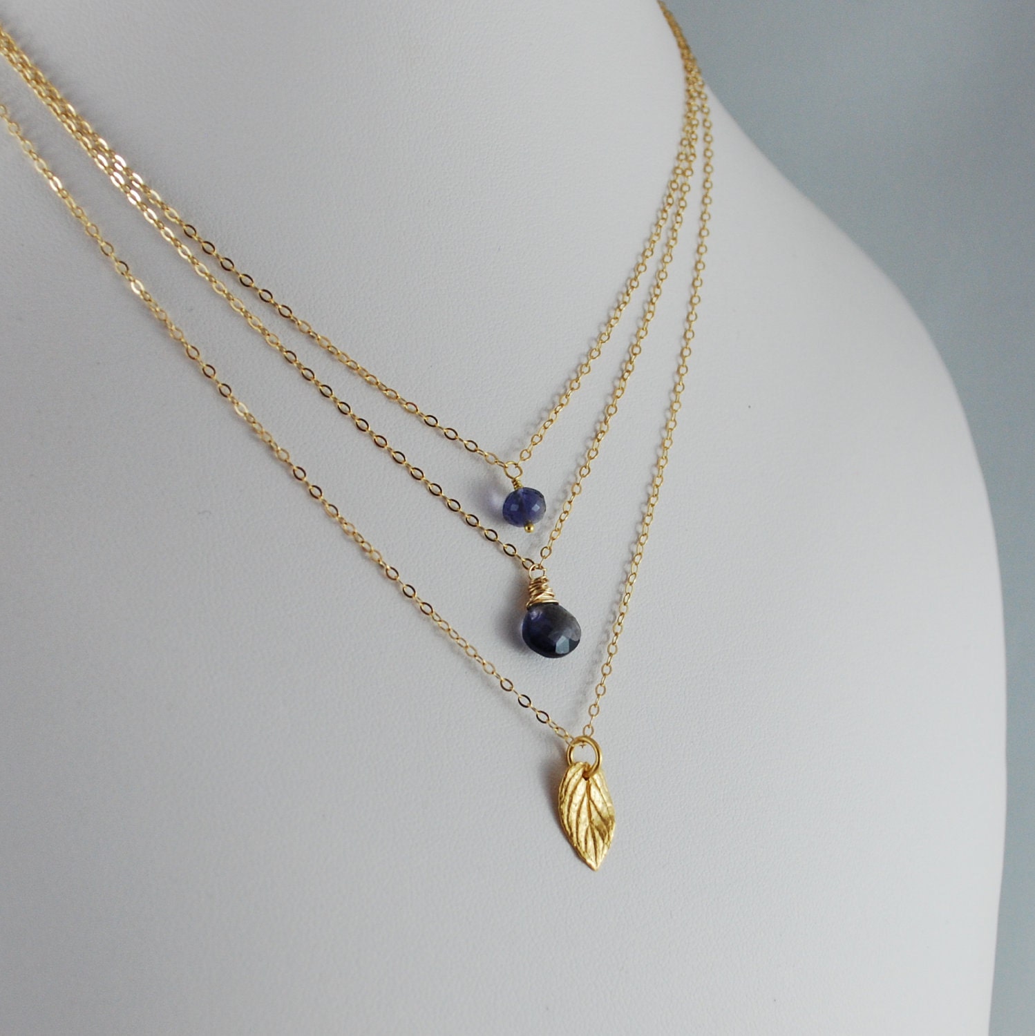 Iolite Necklace Layering Gold Jewelry Set of Three Vermeil Leaf Charm Navy Blue Semiprecious Gemstone Complimentary Shipping