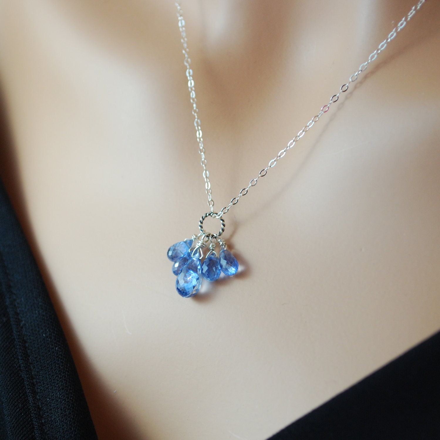 Kyanite Necklace Blue Teardrop Semiprecious Gemstone Royal Cluster Wire Wrapped Sterling Silver Jewelry Complimentary Shipping