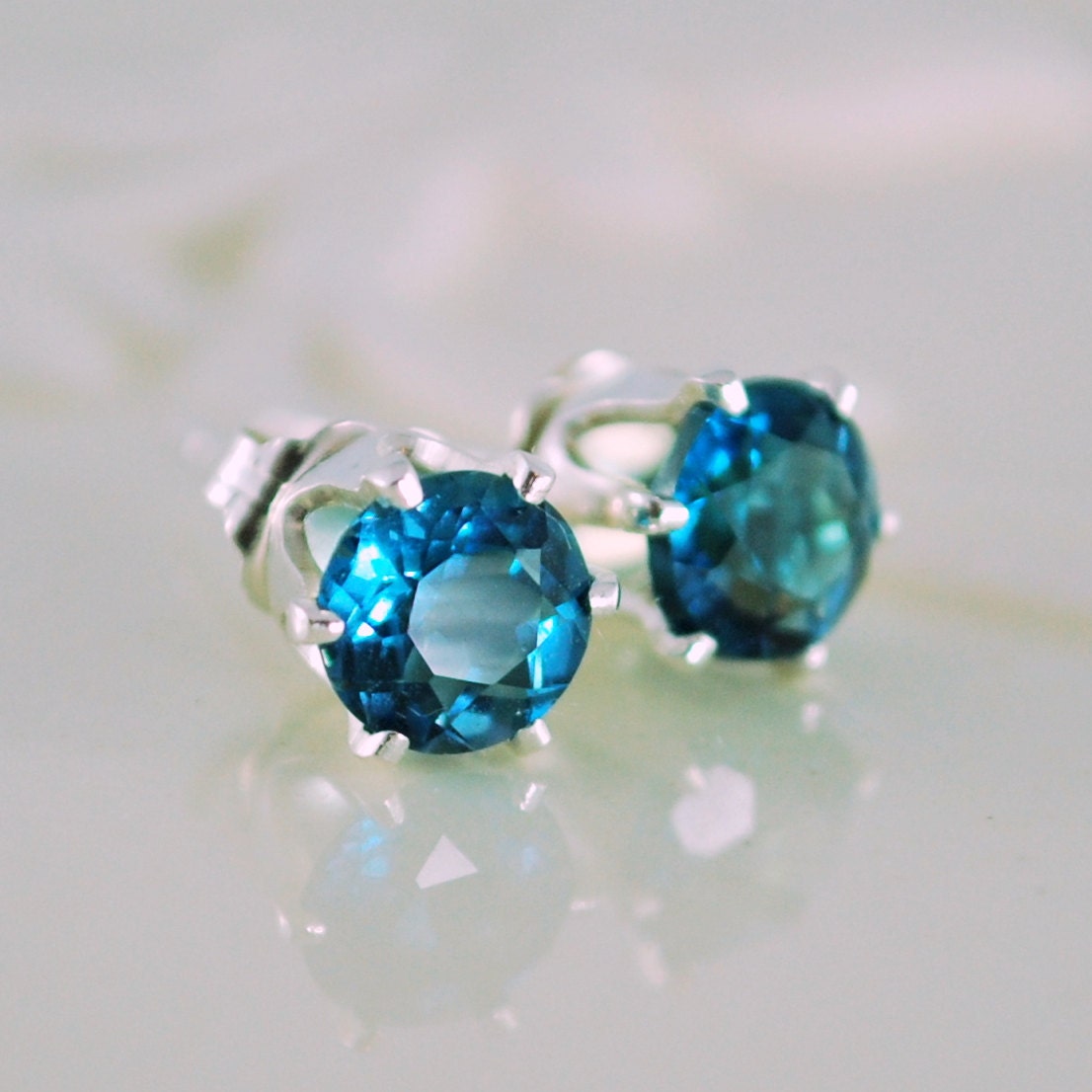 London Blue Topaz Stud Earrings Genuine Deep Teal Gemstone Sterling Silver December Birthstone Complimentary Shipping