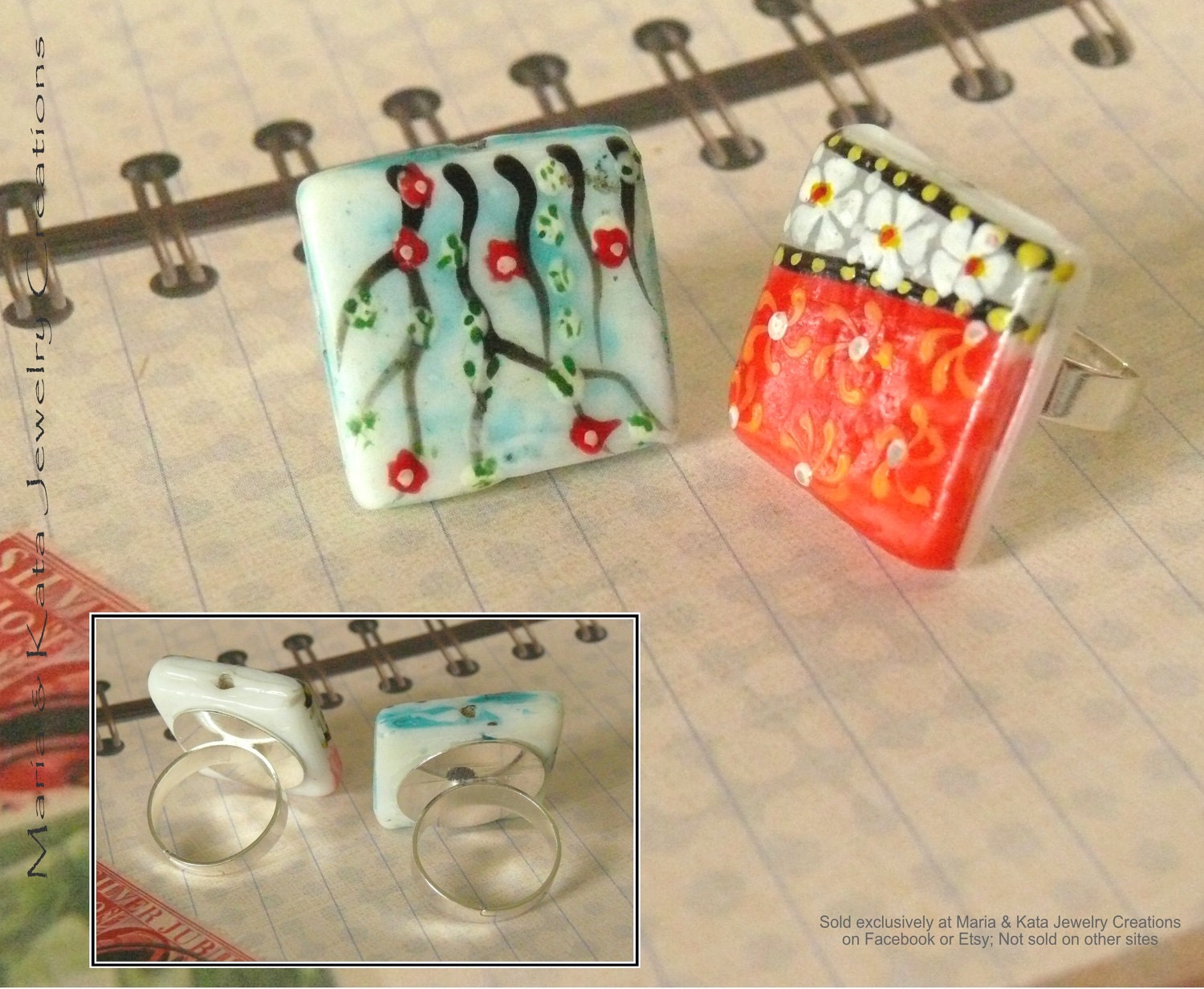 2 STYLES to chose from- Ceramic hand painted tile rings