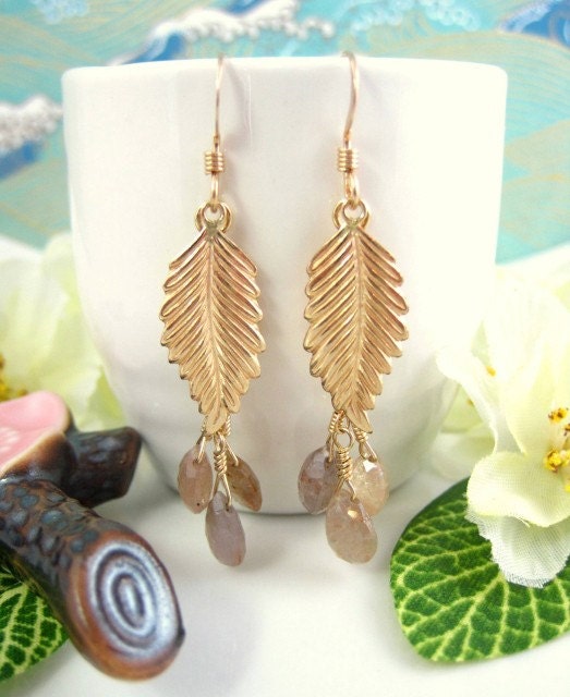 Gold leaf sapphire earrings, nature inspired earrings, gold leaf drop earrings, woodland leaf earrings