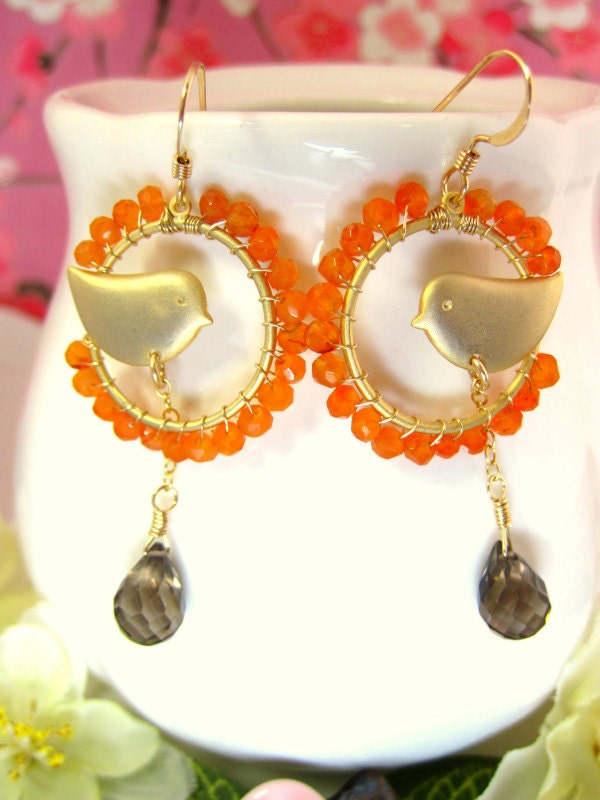 Carnelian gold love bird smokey quartz drop hoop earrings, orange and brown gold dove earrings, peace dove earrings