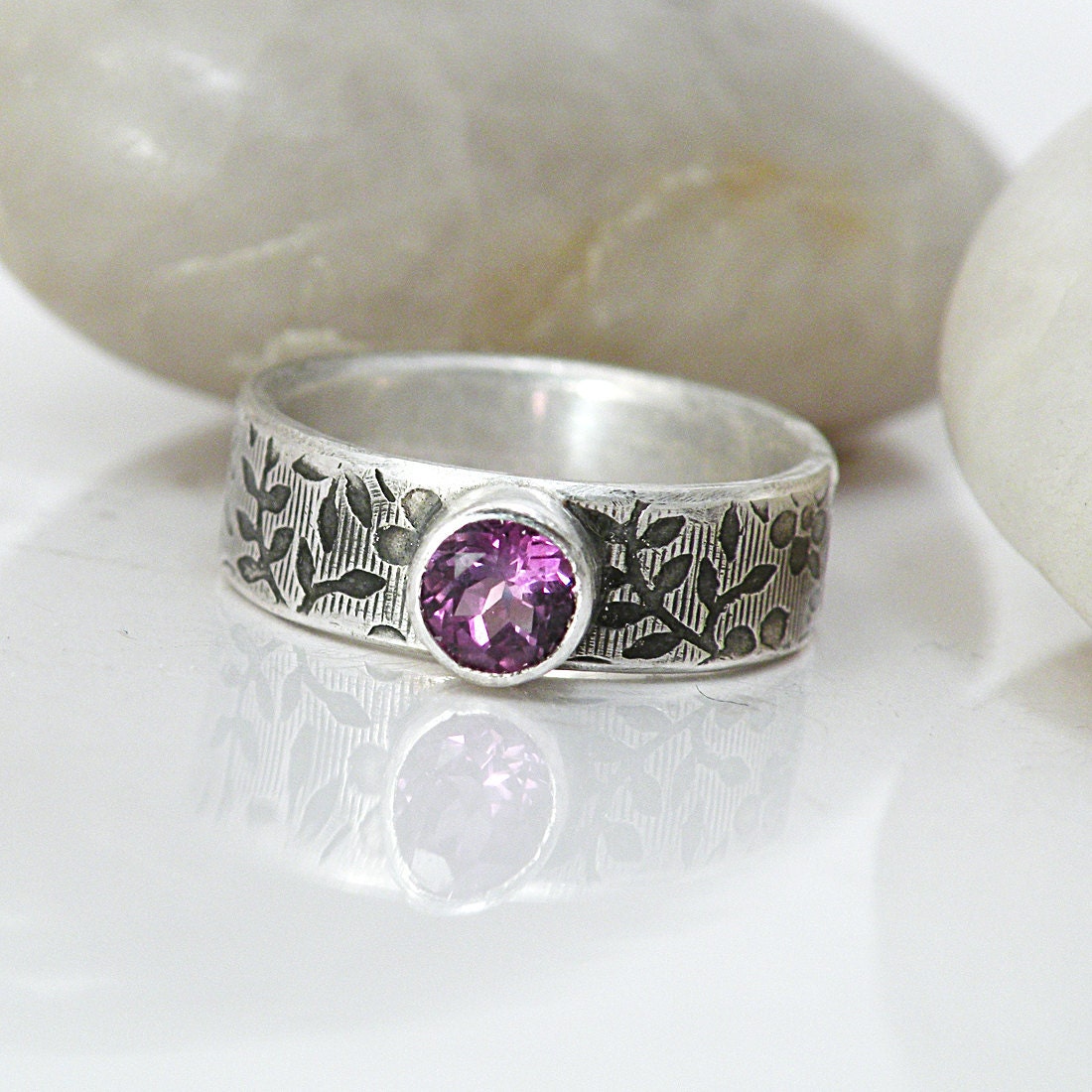 Amethyst Sterling Silver Ring Oxidized Band Purple Gemstone February Birthstone Floral Botanical - African Violet