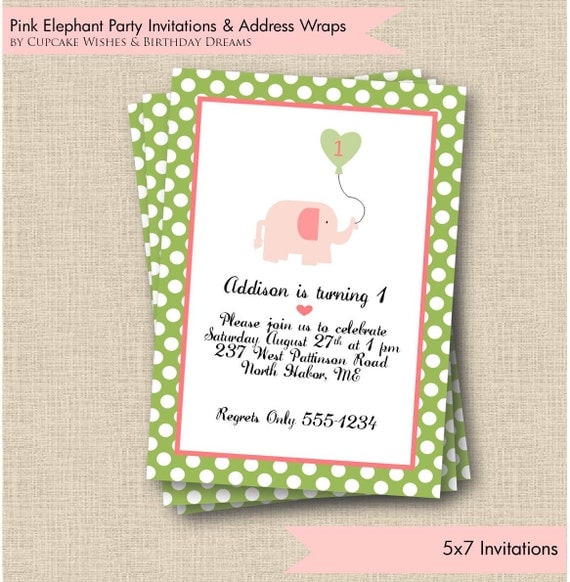 Pink Baby Elephant - Preppy Elephant - Printable Party Invitation- with Envelope Address Wraps Il_570xn